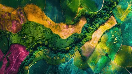 Create an artistic aerial view of farmland with vibrant, abstract colors enhancing the natural beauty of the landscape