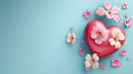 World Heart Day. Horizontal banner. Red heart decorated with flowers on a blue background. Free space for text. Health care concept, healthy lifestyle, prevention of heart attack, organ donation