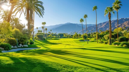 Obraz premium Scenic golf course with green lawn and palm trees in Palm Springs, tranquil view