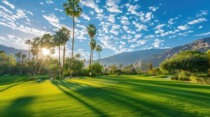 Obraz premium Scenic golf course with green lawn and palm trees in Palm Springs, tranquil view