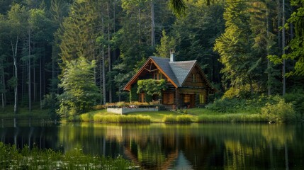 Obraz premium Rustic log cabin by a lake, immersed in the peaceful ambiance of the forest
