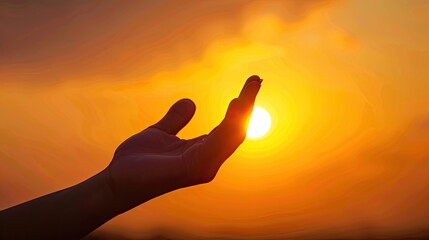 Silhouette of an open hand reaching out to the golden rays of the setting sun
