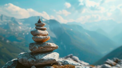 Serene stack of stones on a mountain peak, minimalistic with room for copy
