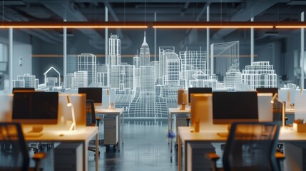 Naklejka premium Nighttime View of Architecture Firm's Office with Digital City Planning Projects