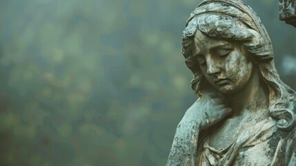 Statue of a sorrowful woman with plenty of space for text, conveying deep emotion