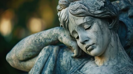 Statue of a sorrowful woman with plenty of space for text, conveying deep emotion