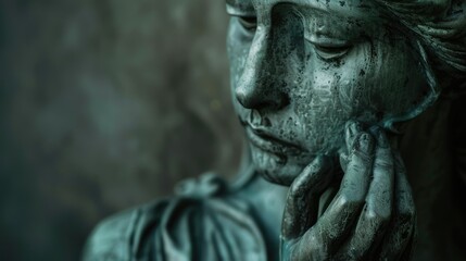 Statue of a sorrowful woman with plenty of space for text, conveying deep emotion