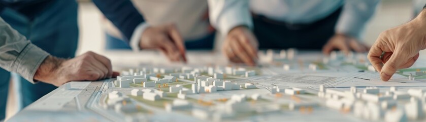 Fototapeta premium Architects Reviewing City Plans with Mass Transit Designs at Drafting Table