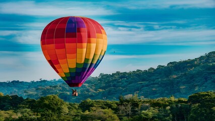 Fototapeta premium hot air balloon, adorned with stripes of red, orange, yellow, green, blue, and purple, gracefully floating above a lush, verdant landscape. The ground below is teeming with trees