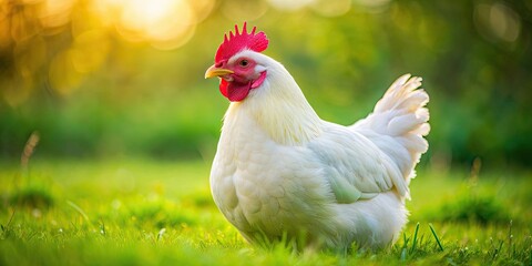 Fototapeta premium Close-up of a plump, white feathered chicken in a green grassy field, chicken, hen, poultry, livestock, farm, animal