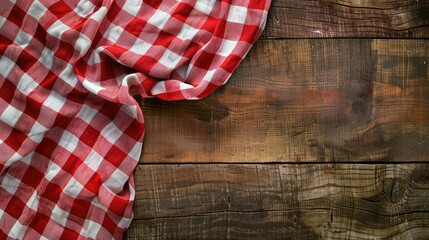 Obraz premium Top view of a red checkered tablecloth on an empty wooden table background