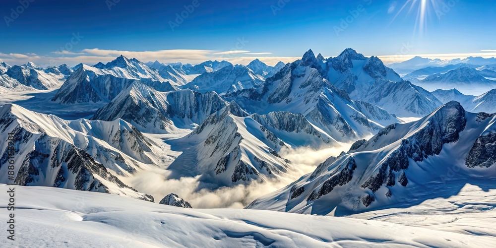 Wall mural Snow covered mountains with a pristine white blanket extending as far as the eye can see, winter, cold, snow, mountains