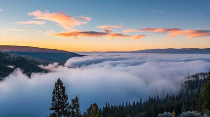 Fototapeta premium Create an atmospheric view of cloud inversions, where dense fog or low clouds settle in valleys below a clear sky at higher elevations