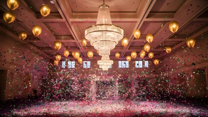 Obraz premium a grand hall or ballroom, showcasing an extravagant celebration. Theroom is illuminated by a large, ornate chandelier, casting shimmering reflections on the multicolored confetti scattered