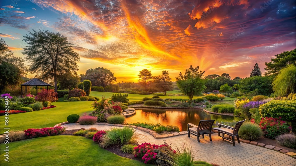 Poster Sunset casting warm colors over a serene garden setting , garden, sunset, house, outdoor, evening, peaceful, tranquil, nature