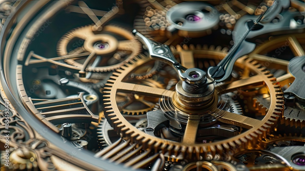 Poster vintage clock mechanism with gears and cogs, emphasizing timeless engineering