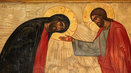 Naklejka premium an icon of the Baptism of Jesus depicted in traditional Byzantine style with John the Baptist the Jordan River and a golden halo capturing a moment of spiritual significance
