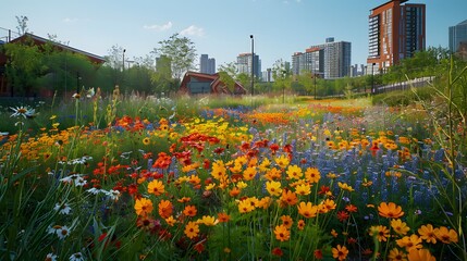A vibrant urban green space filled with wildflowers, emphasizing biodiversity in the heart of the city center