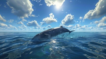 Obraz premium Whales emerge from the blue waters sparkling in the bright sunlight