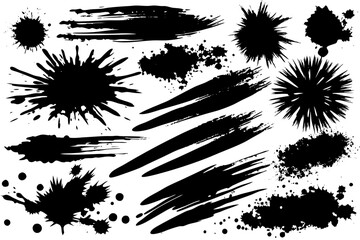 Black ink splashes and brush strokes on a white background