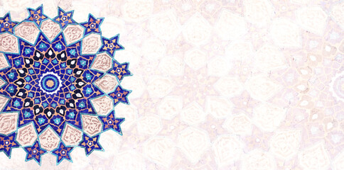 Detail of traditional persian mosaic wall with geometrical and floral ornament, Iran. Horizontal or...