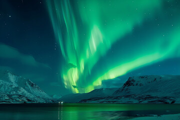 Naklejka premium Northern lights or Aurora borealis over a mountain range