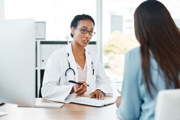 Healthcare, documents and doctor with patient for consulting, medical service and diagnosis in...