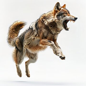 Midair wolf leaps with an aggressive snarl and intimidating posture