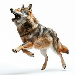 Obraz premium Majestic gray wolf leaps midstride with mouth agape displaying sharp teeth