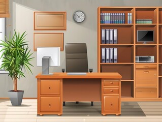 Office Interior Illustration with Desk, Chair, Bookshelf, and Plant