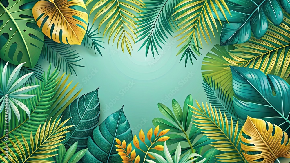 Poster Tropical leaf background with modern shapes and floral elements perfect for summer themes , tropical, leaf, background, modern