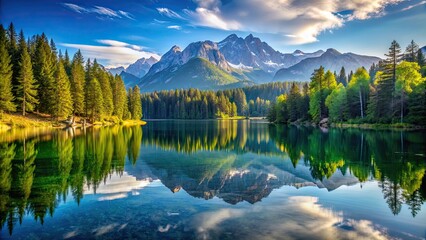 Beautiful lake reflects surrounding trees and mountains, nature, scenery, lake, trees, reflection, mountains, beauty