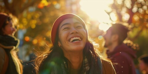 Lachende junge Frau mit Freunden im Herbst