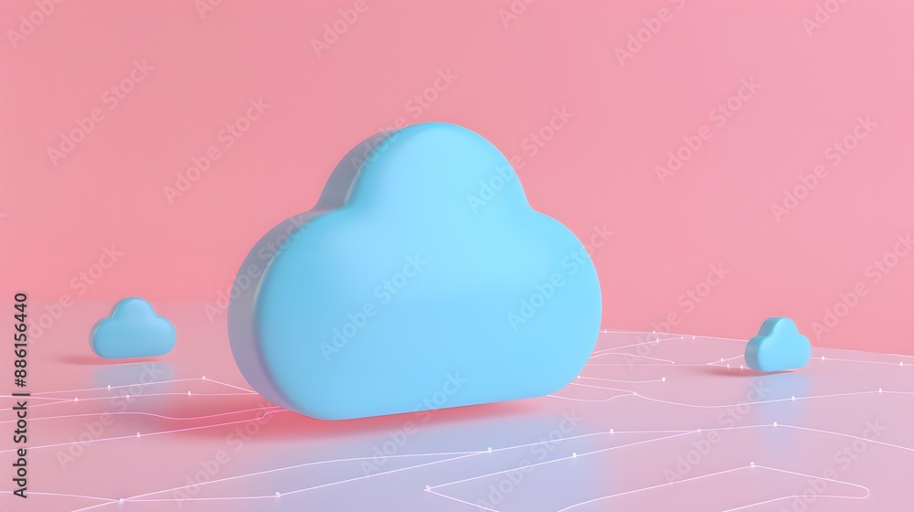 Poster 3d blue cloud shapes on a pink background, representing cloud computing and data storage technology 