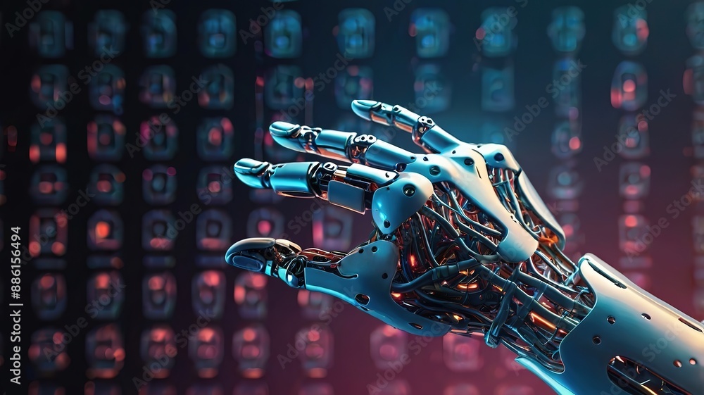 Poster ai robot hand pressing on virtual digital screen big data screen