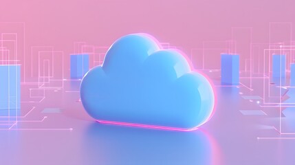Fototapeta premium 3D blue cloud icon in a digital neon landscape, symbolizing futuristic cloud computing and technology in a pink and purple background.