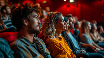 Obraz premium Spectators in casual clothes in a cinema watching a film. Men and women sit in comfortable seats and enjoy watching a movie. Rest concept.
