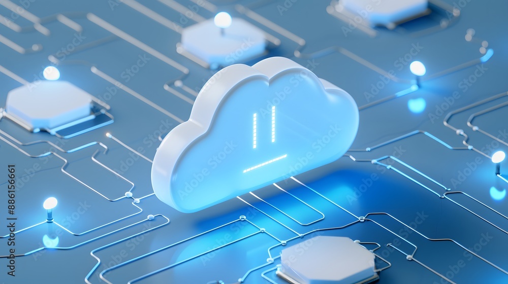 Poster 3d cloud computing icon with blue circuit background representing digital technology and online data