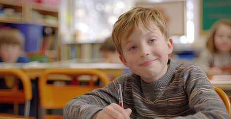 Young boy doing class work at a desk in a classroom