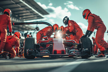 One race car pit stop with crew in red jumpsuits, competition and teamwork concept