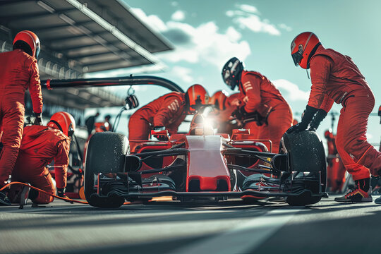 One race car pit stop with crew in red jumpsuits, competition and teamwork concept