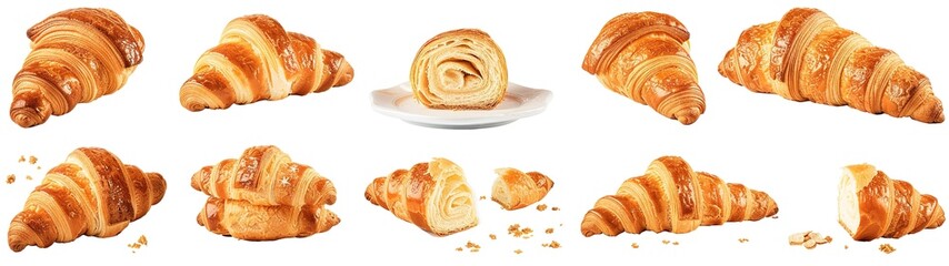 Fototapeta premium Croissants that fresh and delicious falling in the air isolated on background, Breakfast time, popular plain croissant breads.pmg