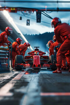 One race car pit stop with crew in red jumpsuits, competition and teamwork concept