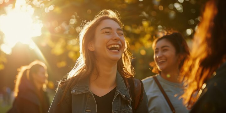 Lachende junge Frau mit Freunden im Herbst
