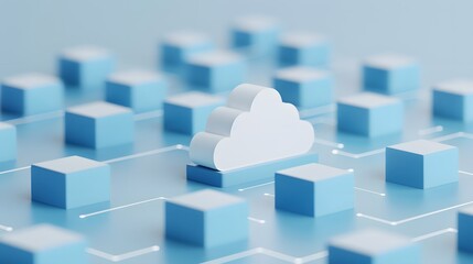 3D cloud symbol surrounded by blue cubes representing cloud computing, data storage, and network connectivity. Modern technology concept.