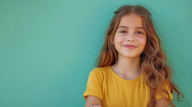 A youthful lady, wearing a bright yellow sweater and sporting a carefree updo, radiates warmth and joy.... - Powered by Adobe