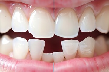 Closeup of a persons teeth with a missing tooth and a gap between the front teeth