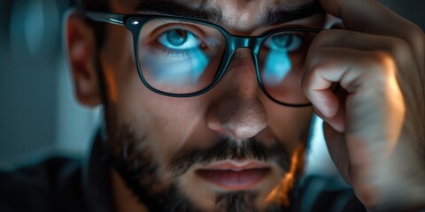 Fokussierter Mann mit Brille bei schwachem Licht