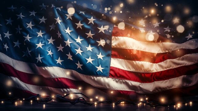 American flag patriotic banner with fireworks and lights for festive celebrations