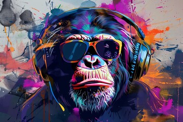Using generative AI technology, a monkey wears headphones in an abstract painting